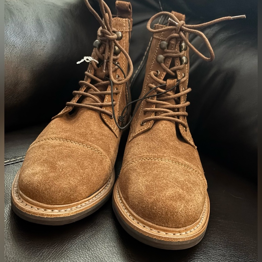New Frye Russell Mens Side Zip Lace Up Tan Leather Suede Boots Size 10 - Picture 3 of 11